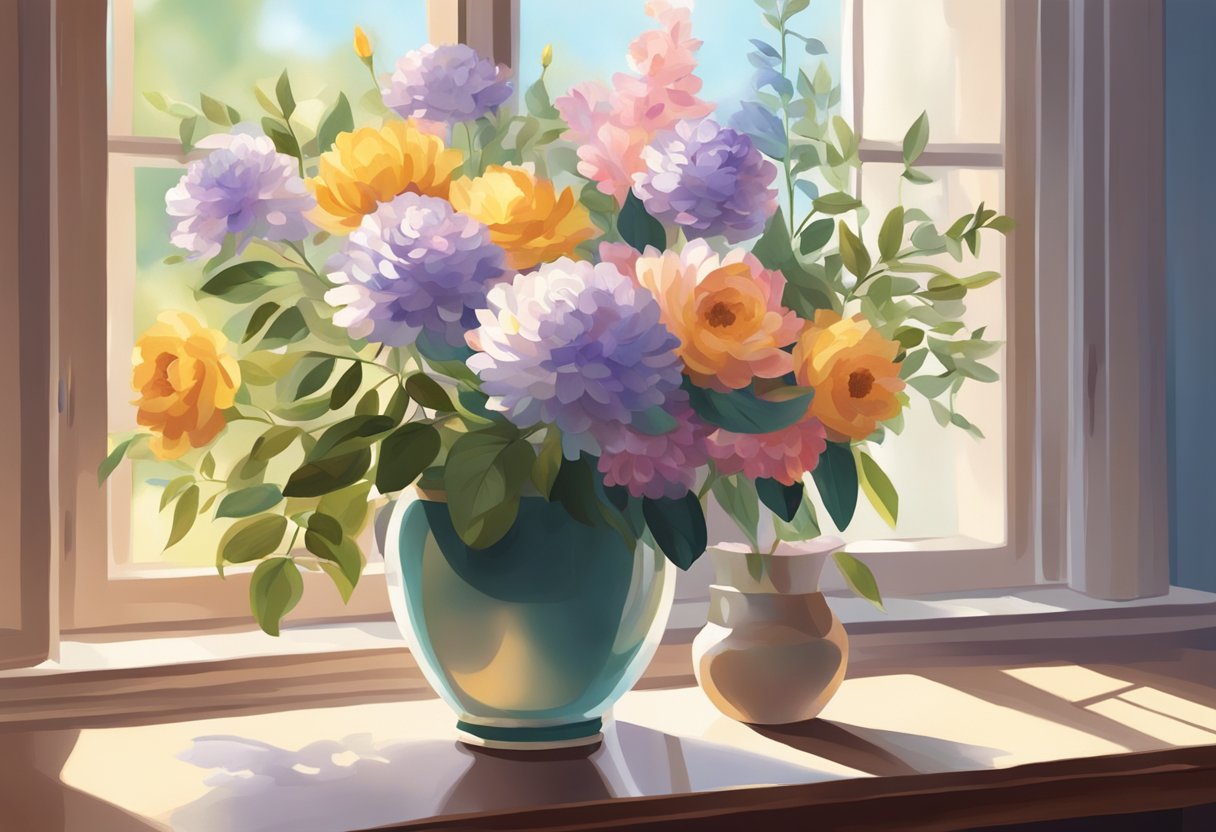 A vase of assorted flowers sits on a table. Light filters through a nearby window, casting soft shadows on the petals and leaves