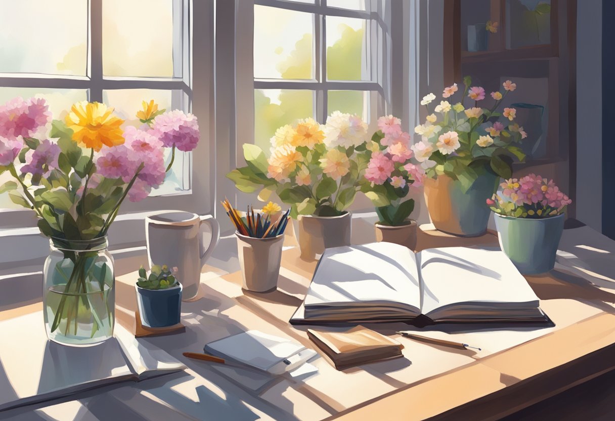 A table with various types of flowers, a sketchbook, and art supplies. Light streaming in from a window, casting soft shadows