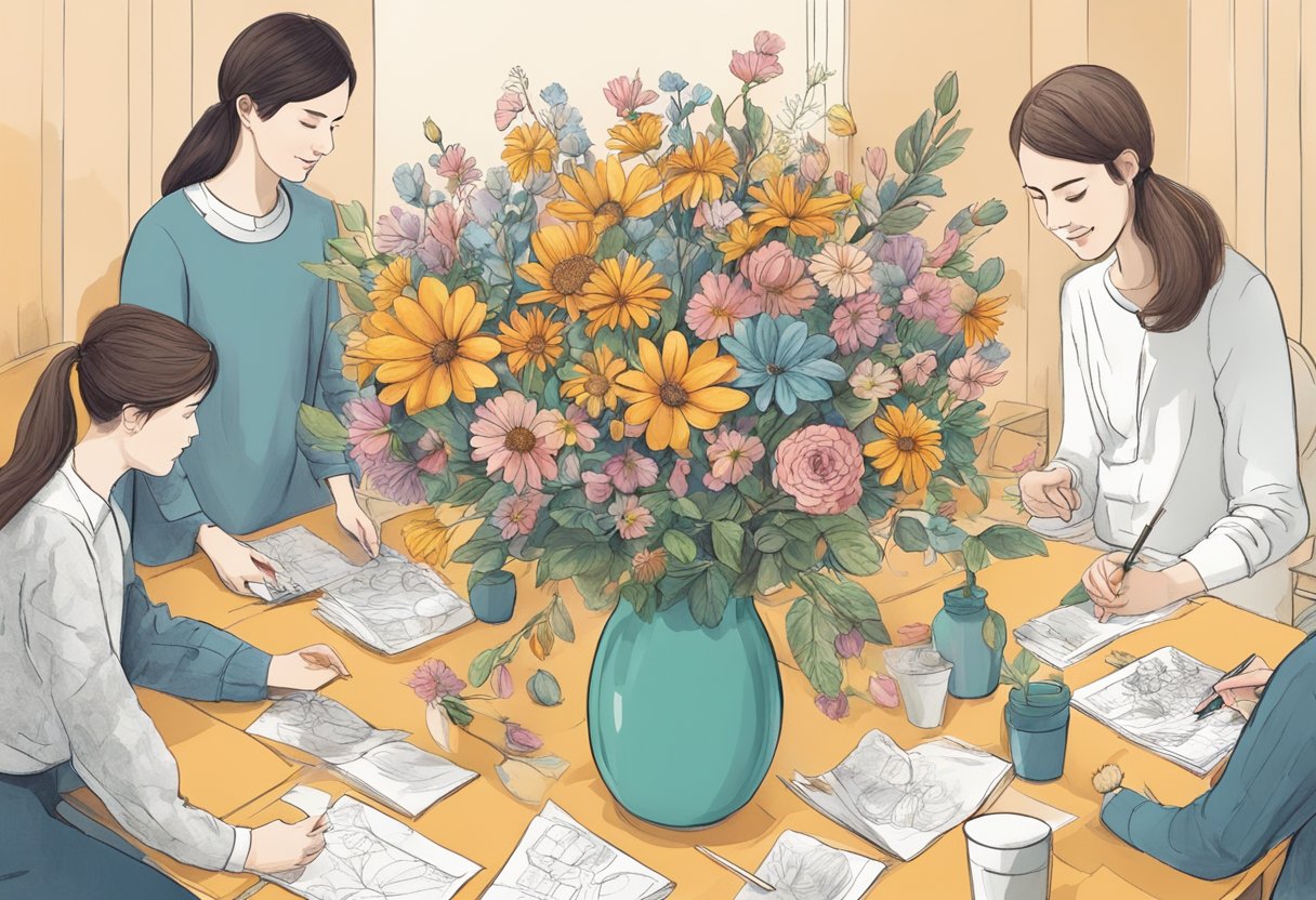 A table with a vase of assorted flowers, surrounded by people presenting and sharing their drawings of the flowers