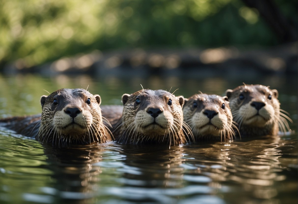 Multiple otters swimming in a clear, peaceful river, surrounded by lush greenery and sunlight filtering through the trees