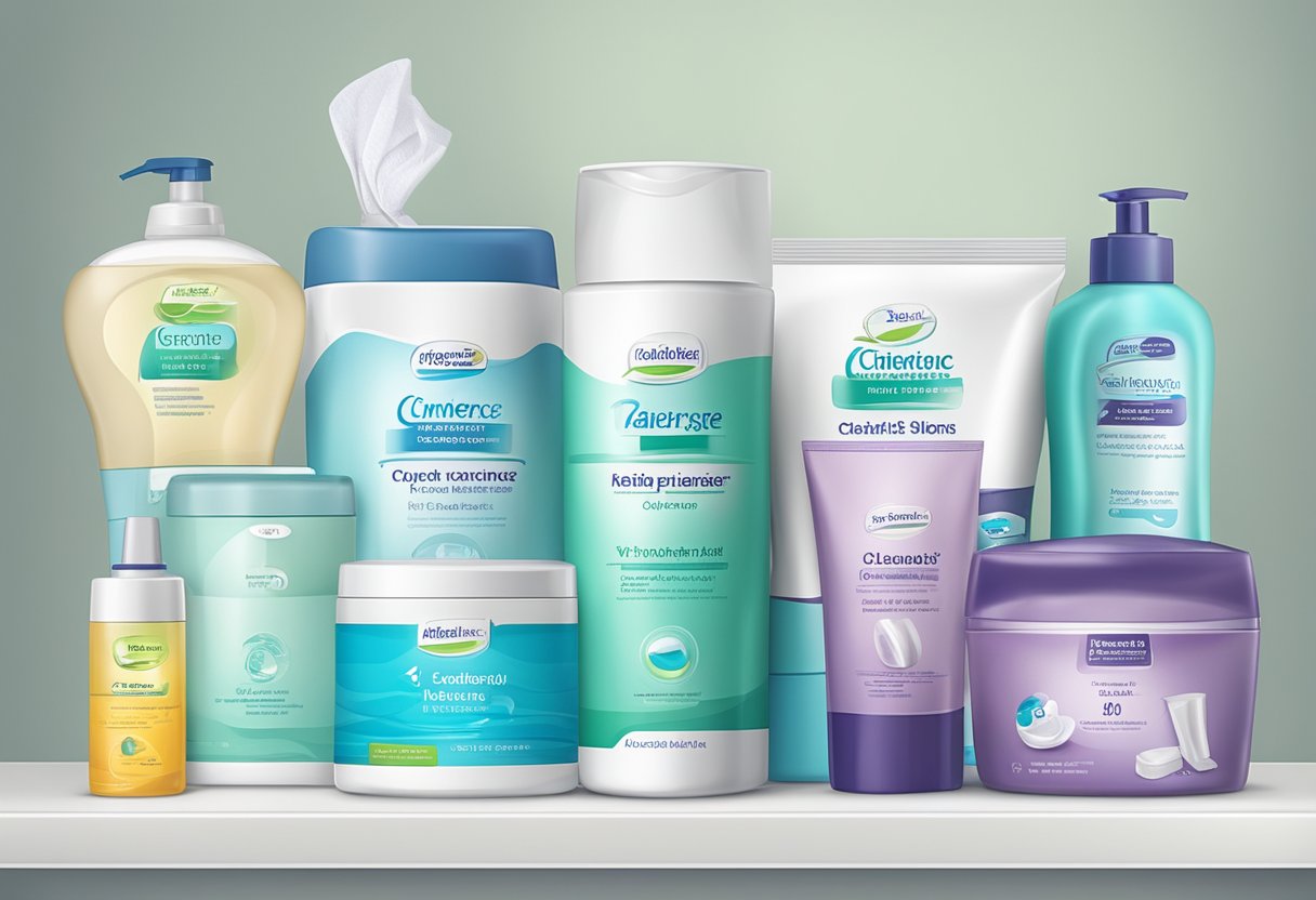 A stack of incontinence products on a bathroom shelf