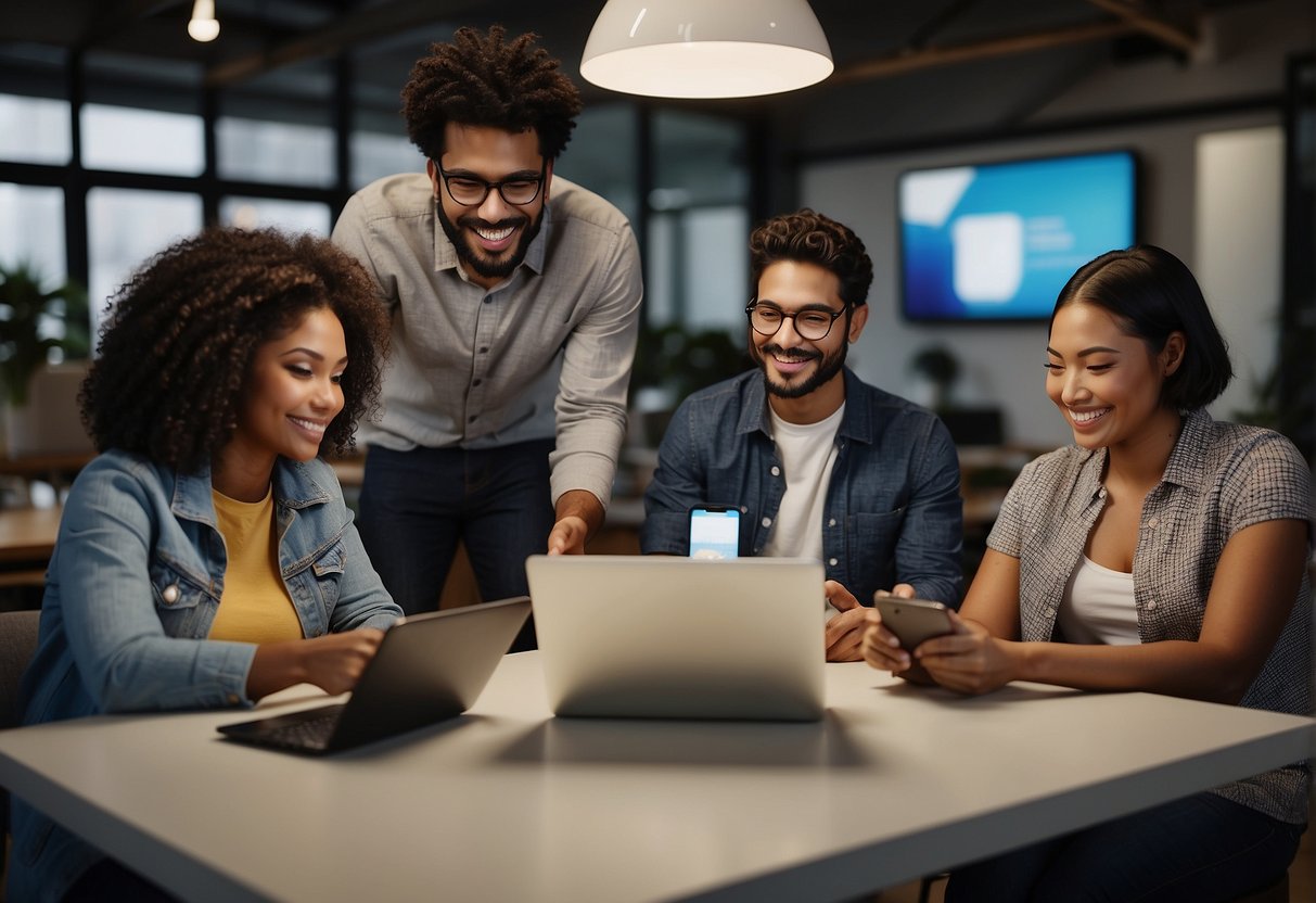 A diverse group of people using various devices to access Otter ai alternatives, including laptops, tablets, and smartphones. The interface is user-friendly and accessible to individuals with different abilities