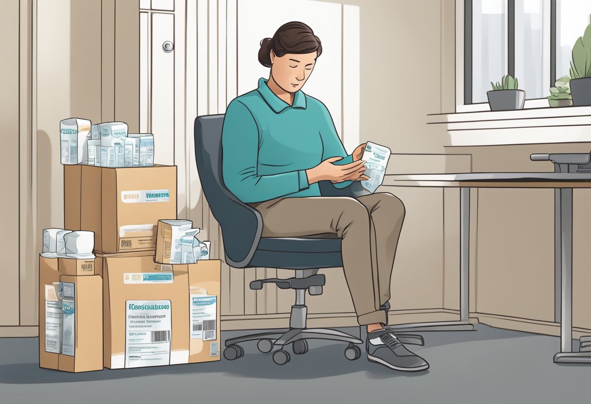 A person sitting on a chair, holding a package of incontinence products for fecal incontinence, with a concerned expression on their face