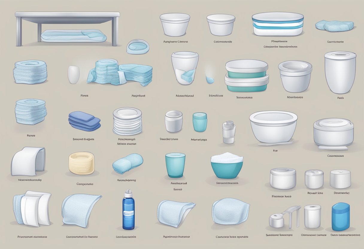 A Table with Various Incontinence Products, Including pads, briefs, and Skin Barriers, Displayed for Selection Based On Specific Criteria