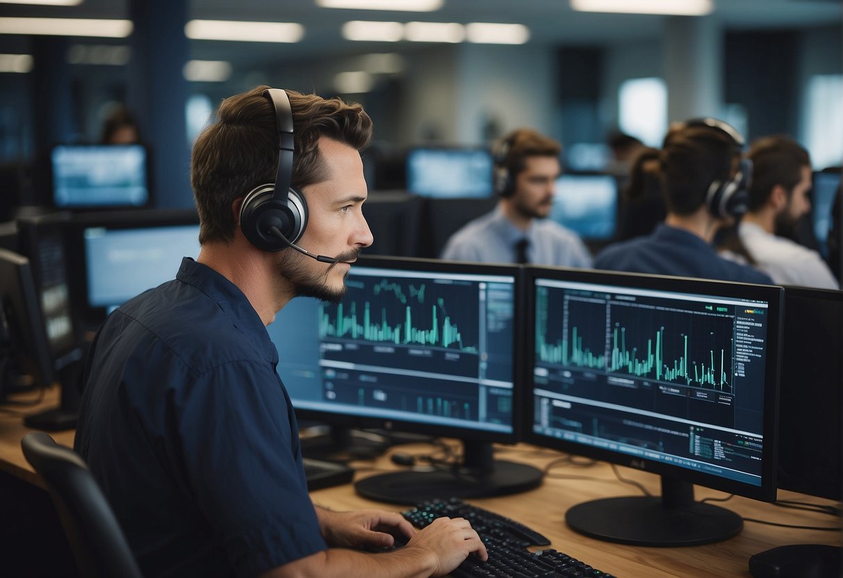 A busy office setting with multiple computer screens and headsets, as employees assist customers with technical support for Otter ai alternatives