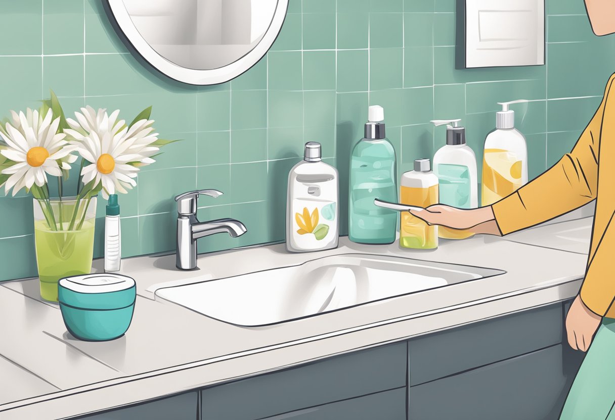 A Person Arranging Lifestyle and Self-Management Products for Bowel Incontinence on A Bathroom Counter