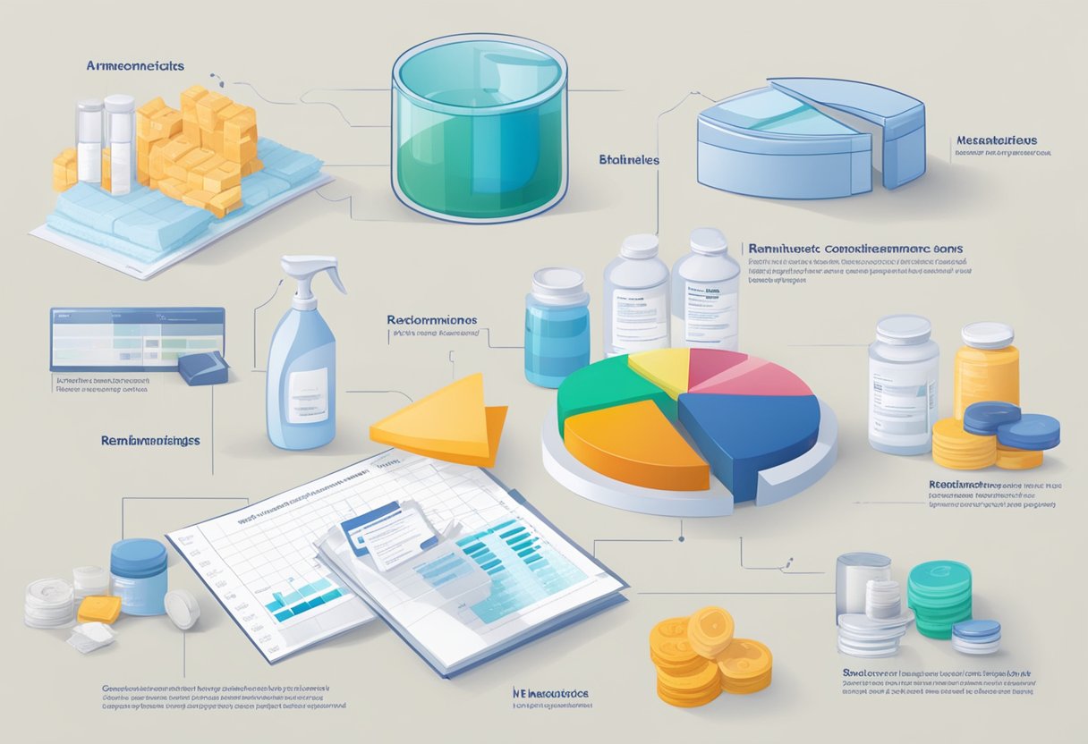 A table with various incontinence products, alongside charts and graphs showing costs and reimbursements