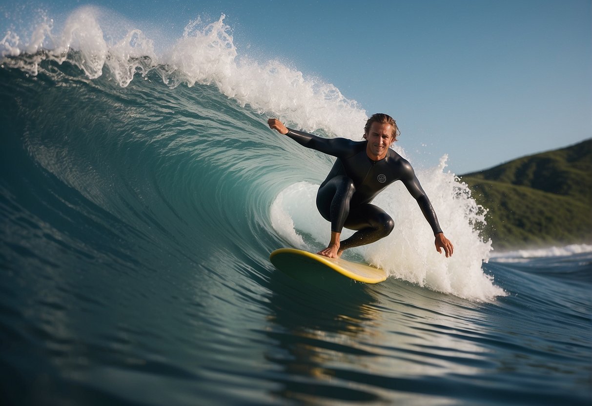 A surfer rides a wave, surrounded by alternative SEO tools floating in the ocean