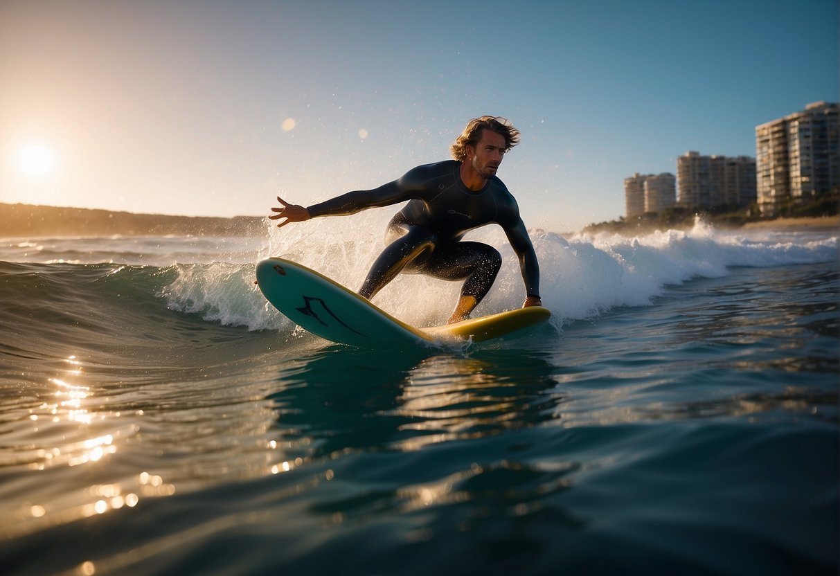 A surfer rides the waves, surrounded by various SEO tools and options, each with their own pros and cons