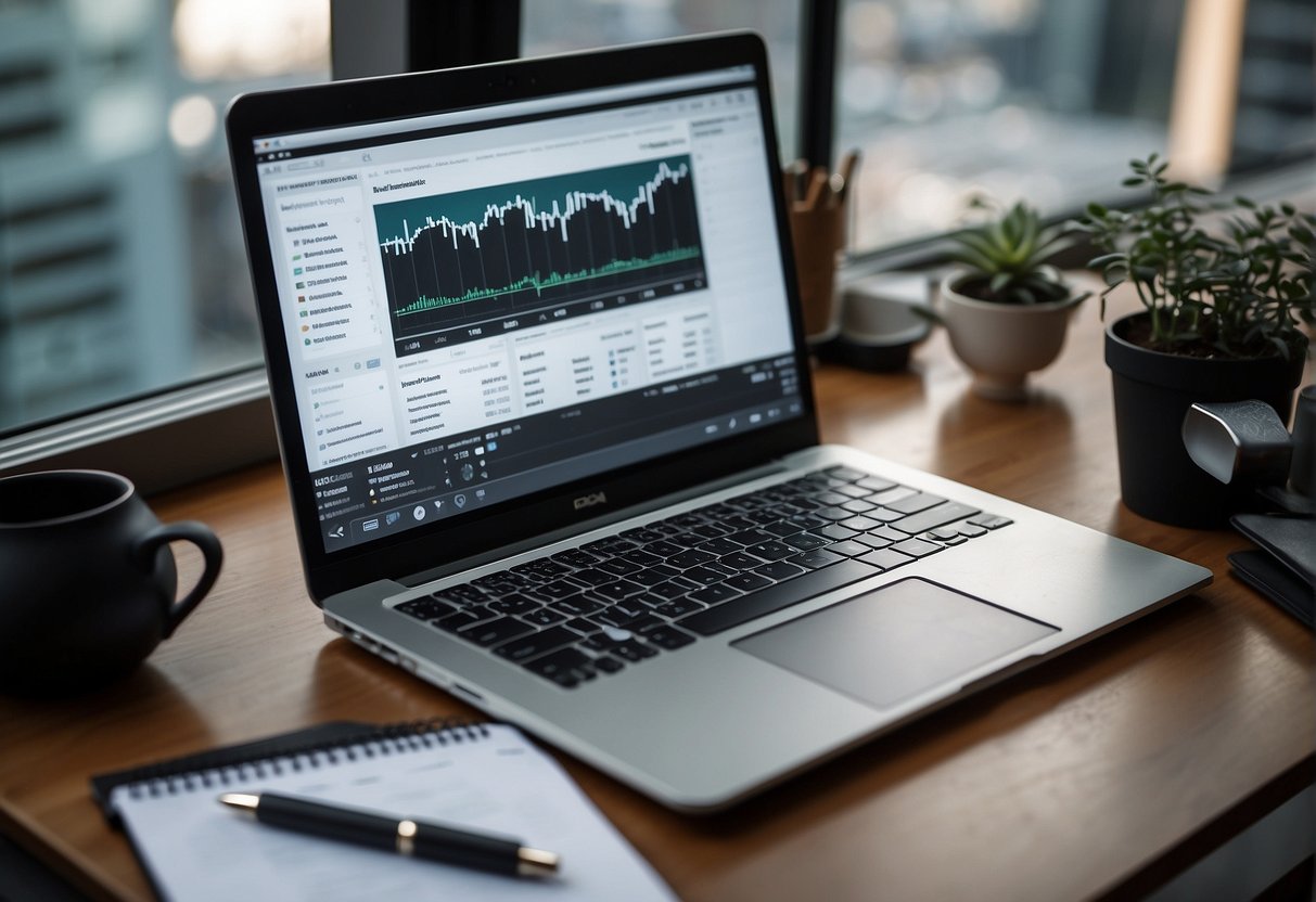 A laptop with multiple tabs open, showing various SEO platforms. Charts and graphs display data on the screen. A notepad and pen sit nearby for note-taking