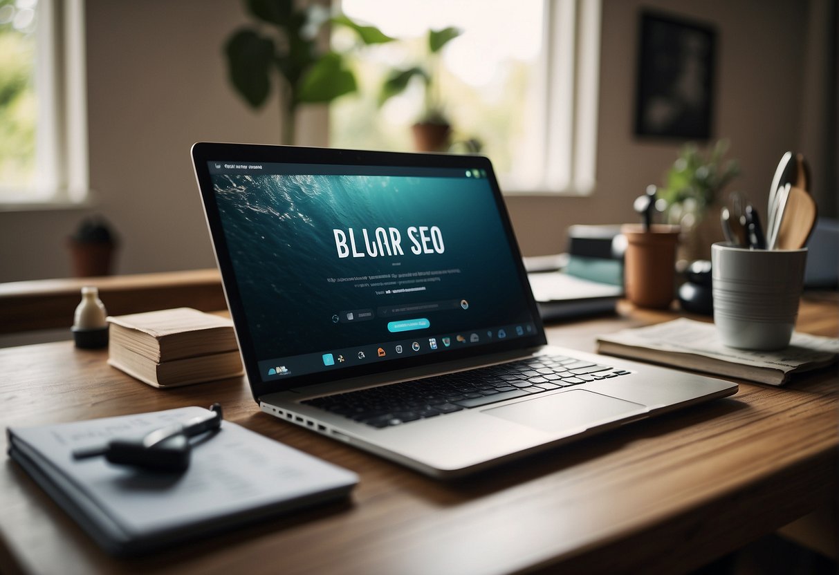 A laptop with a blog page open, surrounded by various tools and resources. A surfboard leaning against the wall with "Surfer SEO alternatives" written on it