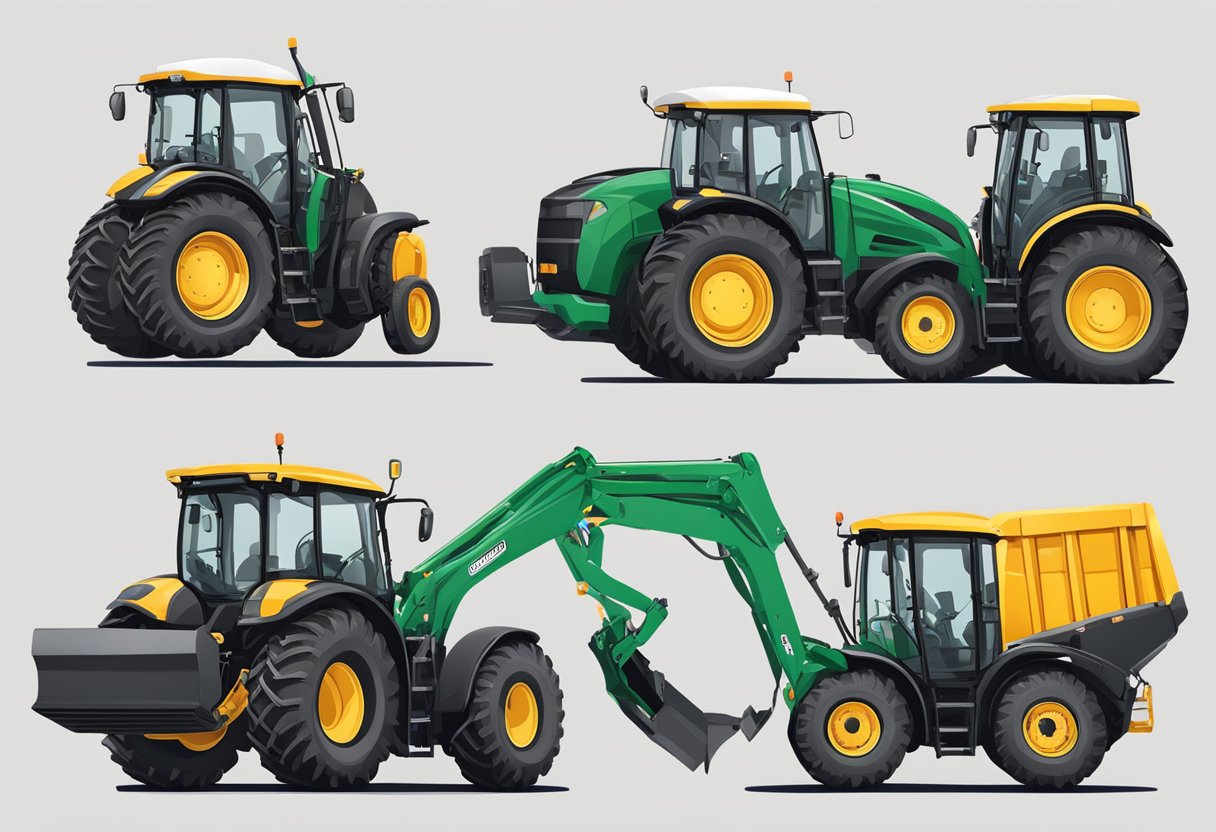 The tractor's bucket forks extend outward, ready to lift and transport heavy loads