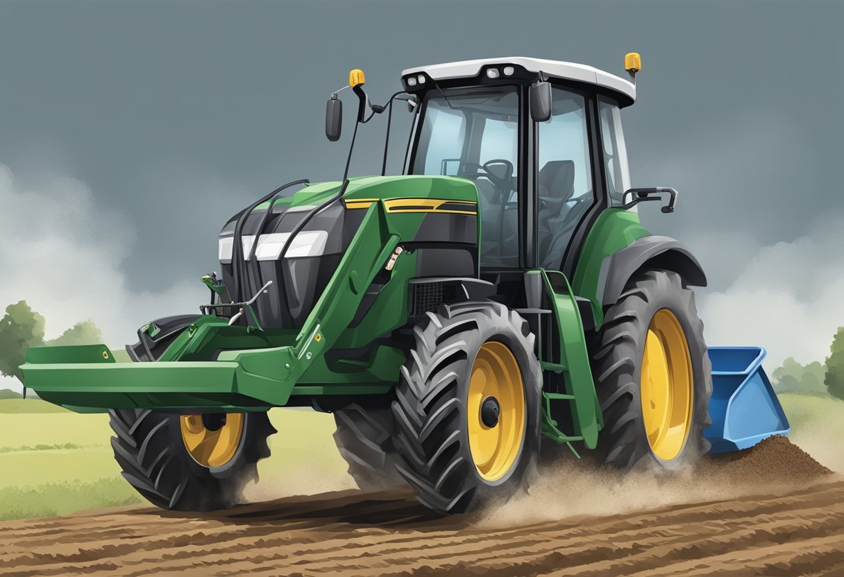 A tractor with bucket forks lifting a heavy load from the ground. The forks are securely attached to the bucket and the tractor is in motion