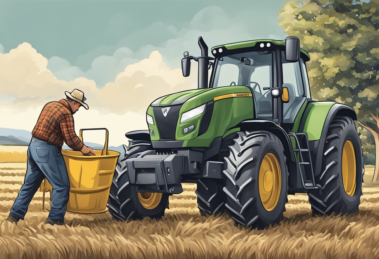 A farmer attaches bucket forks to a tractor, selecting the right ones for the job