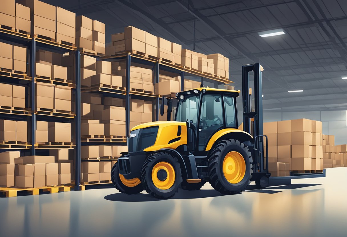 A tractor with bucket forks unloading pallets at a busy warehouse