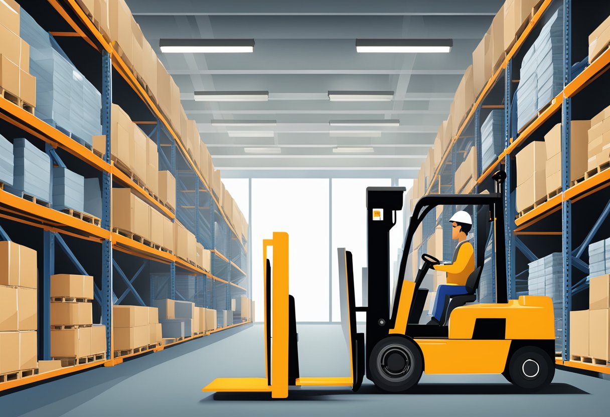 A warehouse with shelves of forklift parts, a computer displaying an online store, and a forklift in the background