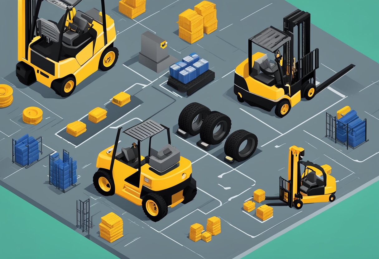 A forklift's various components are spread out on a table, including tires, forks, engine, and hydraulic system. An online store logo is visible in the background