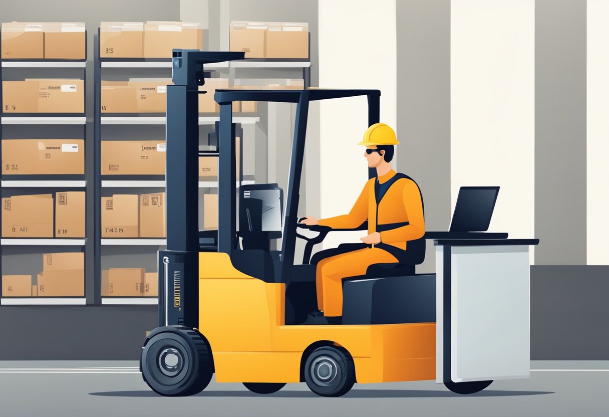 A forklift operator orders parts online, using a computer and credit card for payment