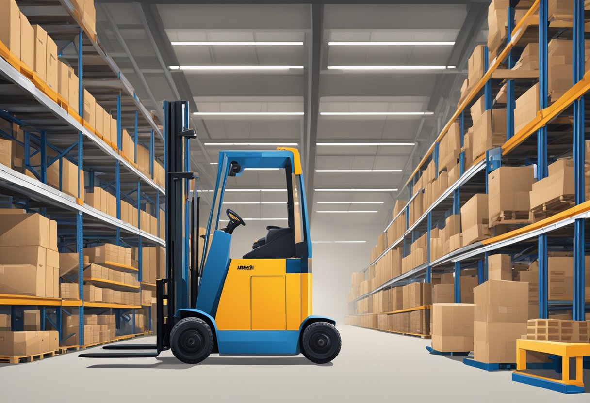 Various material handling equipment scattered in a warehouse, including conveyor belts, pallet jacks, and stackers. Forklift parts displayed on shelves