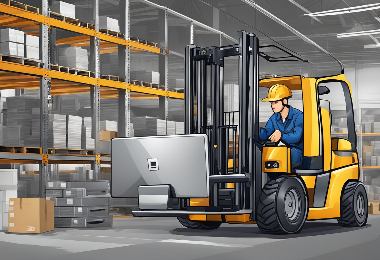 A forklift parts website with a customer service representative assisting a customer online. Various parts displayed and a forklift in the background