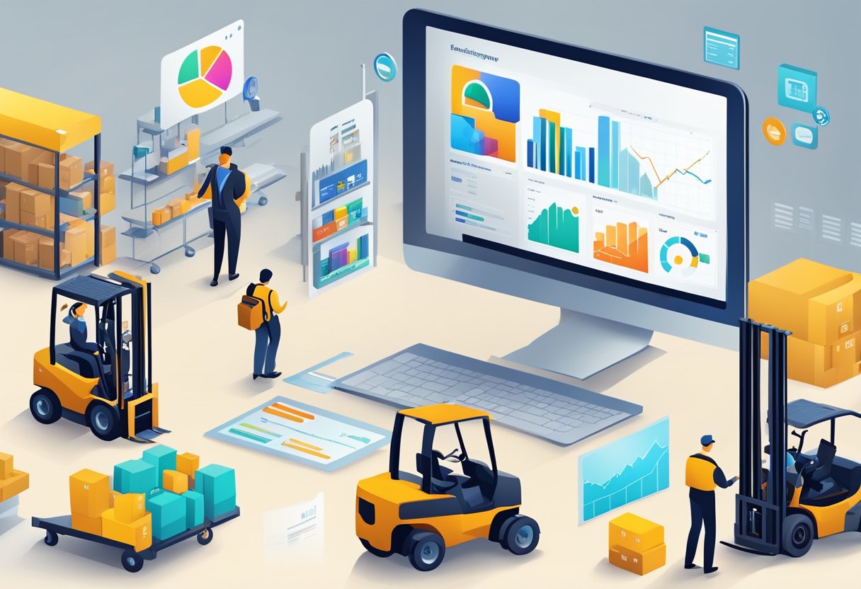 A bustling online marketplace with various forklift parts displayed on a digital platform. Graphs and charts show industry trends and insights