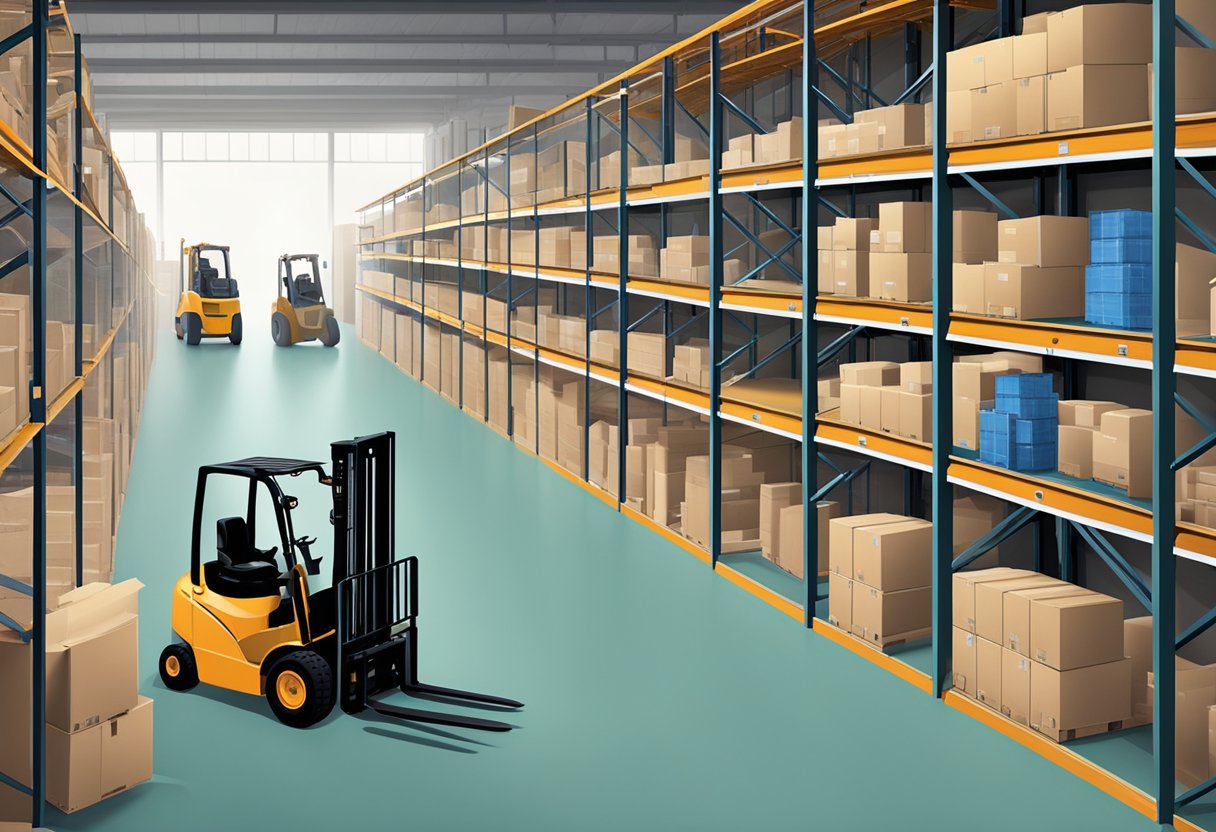 A warehouse with shelves of forklift parts, a computer showing an online parts catalog, and a delivery truck outside