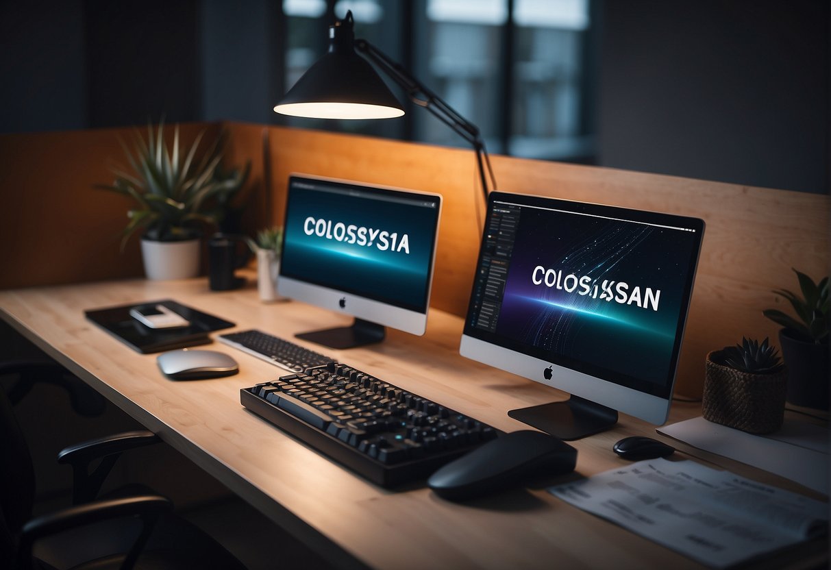 Two software logos, Colossyan and Synthesia, sit side by side on a clean, modern desk. A user effortlessly navigates Colossyan while a helpful support team stands ready beside Synthesia