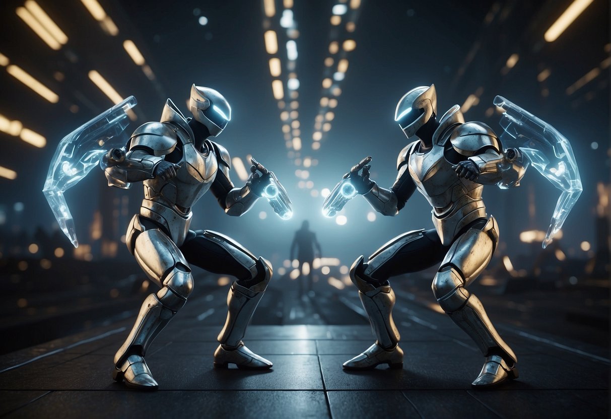 Two powerful entities clash in a digital landscape, their energy reverberating through the virtual world. The Colossyan and Synthesia engage in a battle of creation and editing, their dynamic forces shaping the digital realm