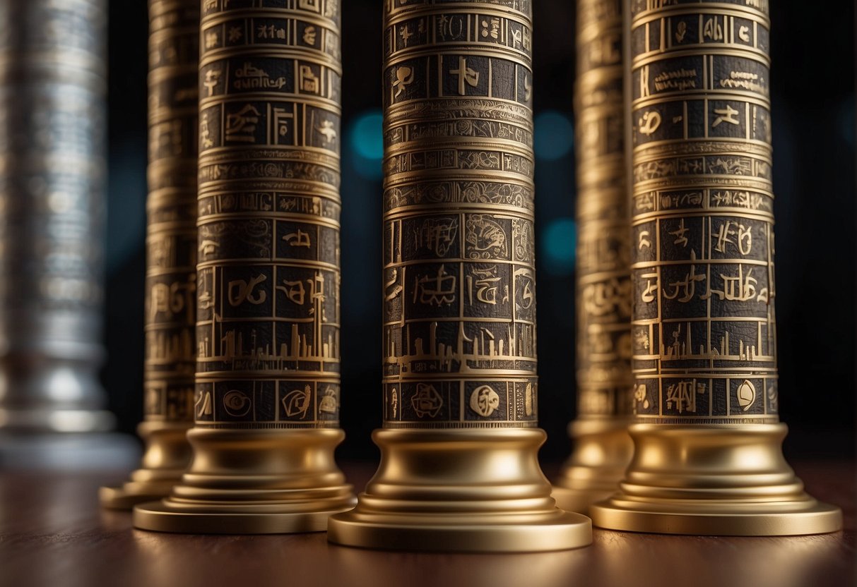 Two towering columns labeled "Pricing and Plans" stand side by side, one representing Colossyan and the other Synthesia. Each column is adorned with intricate details and symbols representing their respective offerings
