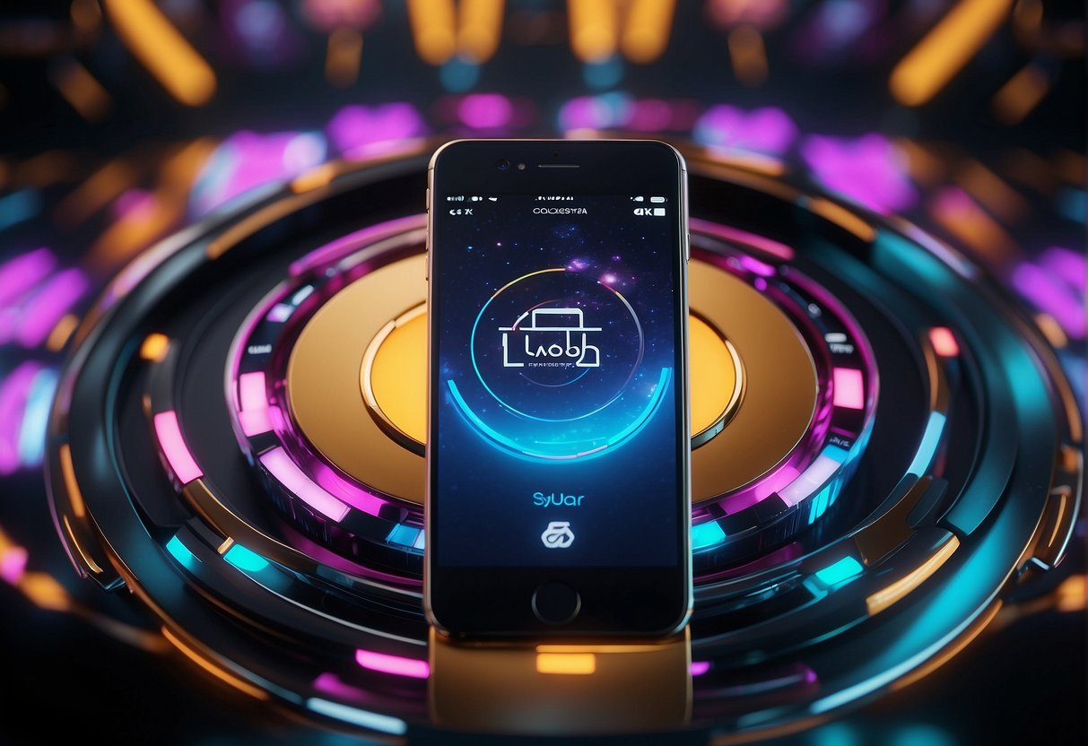 Colossyan and Synthesia logos clash in a digital arena, surrounded by vibrant colors and futuristic elements