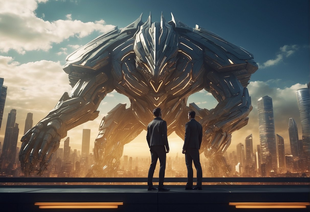 Two giant creatures face off in a futuristic cityscape, Colossyan towering over Synthesia, emitting a bright, pulsating energy