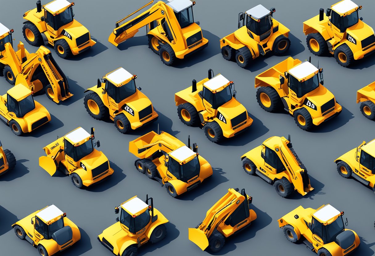 A construction site with various JCB 3CX machines lined up, each with visible serial numbers