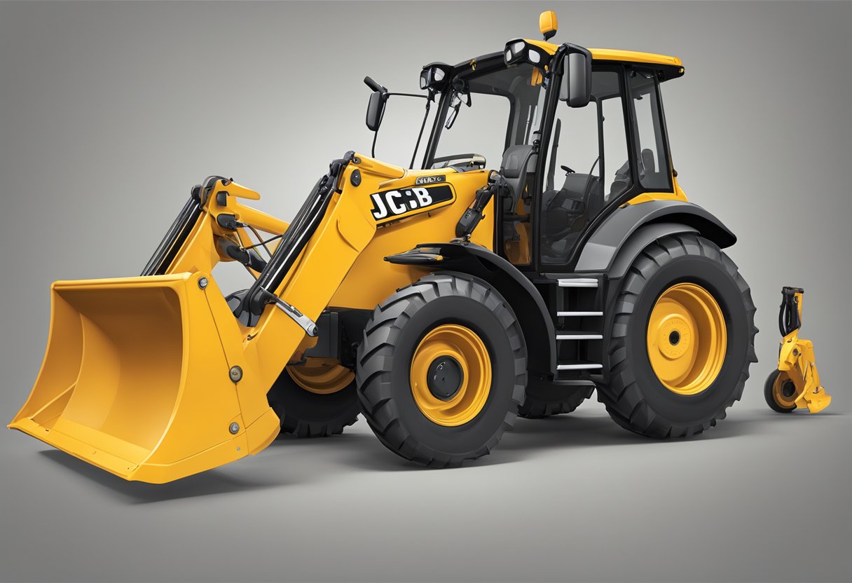 A close-up of a JCB 3CX with visible serial numbers and customizable attachments