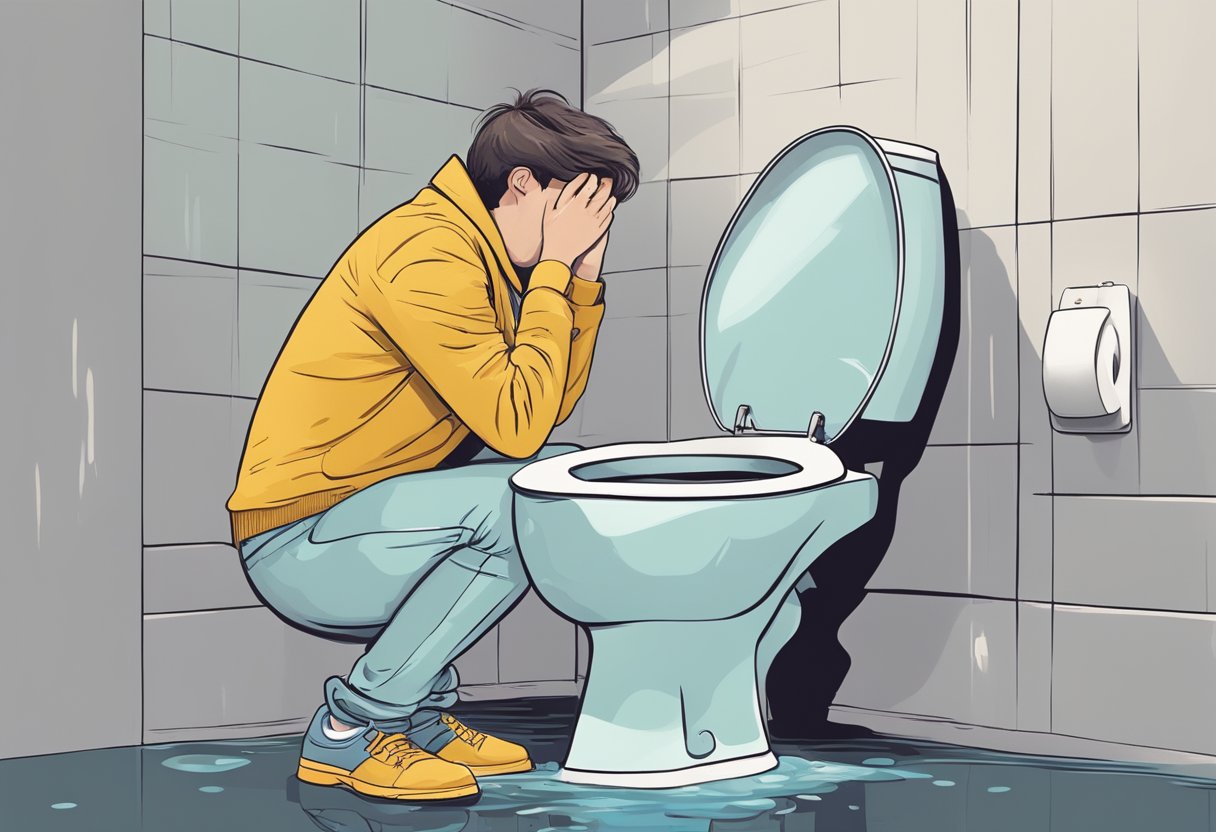 A person sitting on a toilet, looking frustrated as they struggle with incontinence. A puddle of urine on the floor