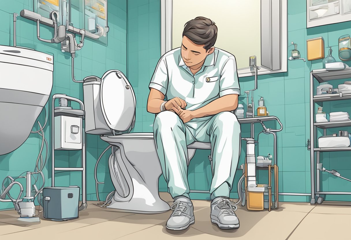 Une personne assise sur des toilettes, avec une expression pensive, entourée de divers dispositifs médicaux et d'assistance pour le traitement de l'incontinence fonctionnelle