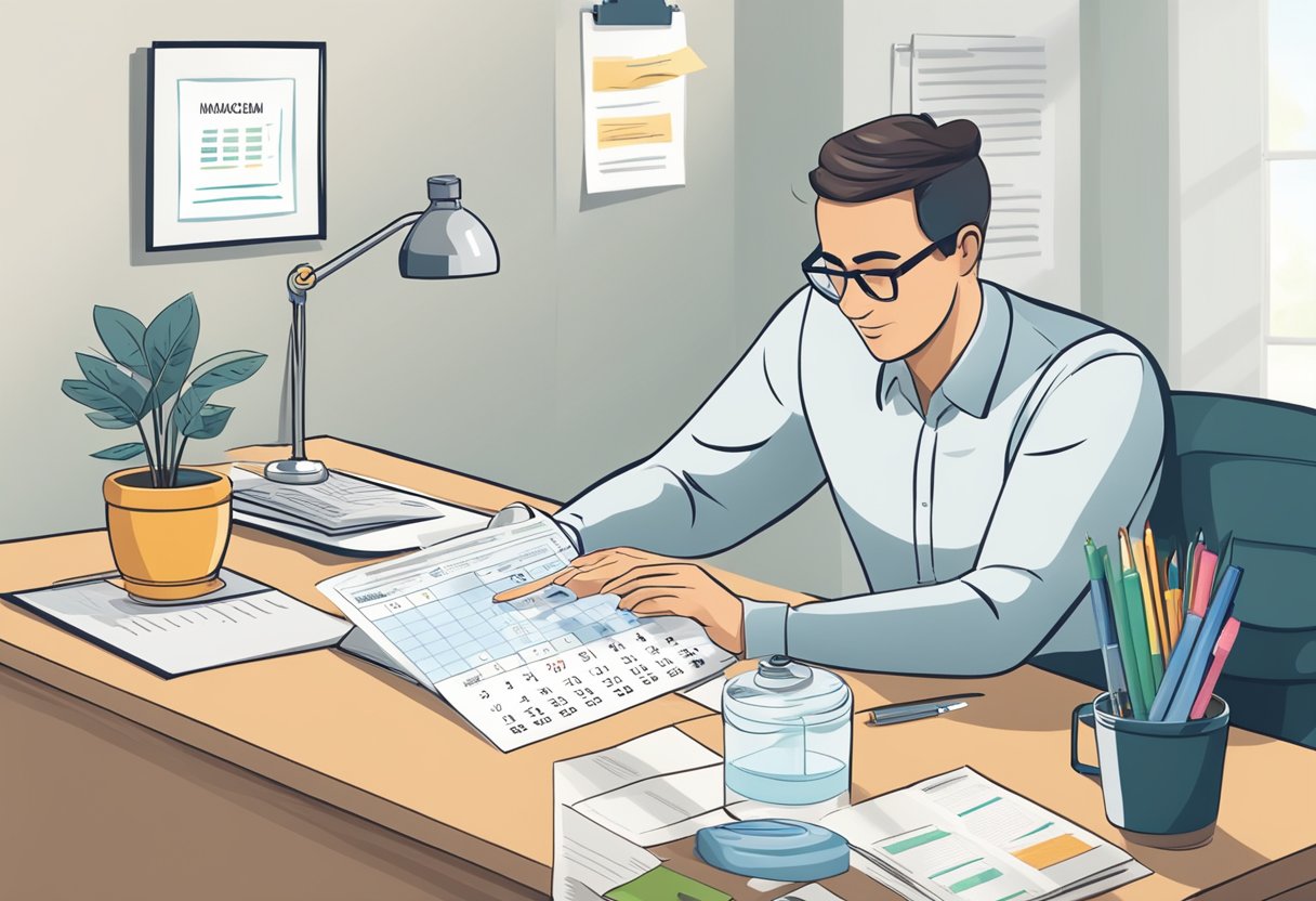 A person sitting at a desk with a calendar, water bottle, and list of exercises for functional incontinence management