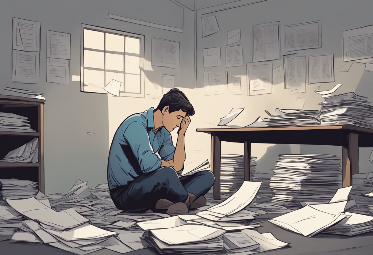 A person sitting alone in a dimly lit room, surrounded by scattered papers and a look of frustration on their face