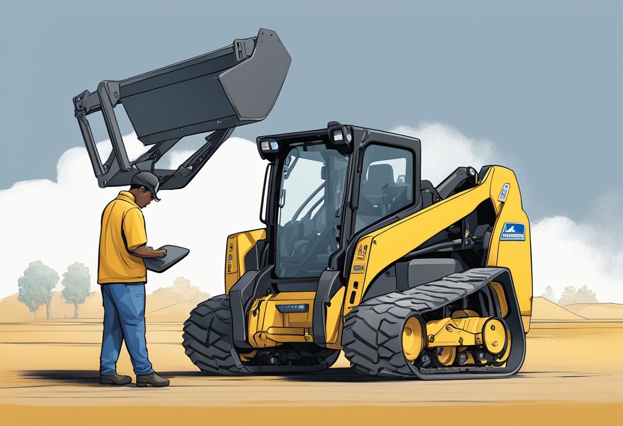 A mechanic inputs a serial number into a computer while standing next to a New Holland skid steer