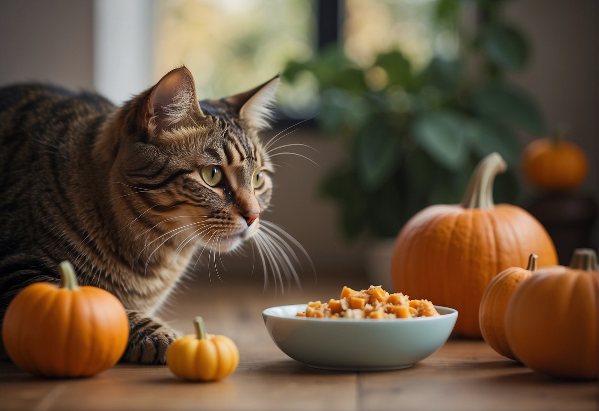A cat eagerly eats pumpkin from a bowl on the floor