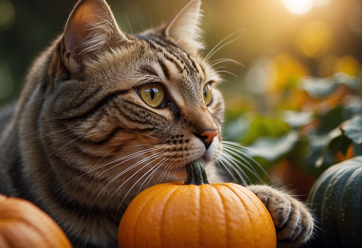 A cat sniffs a pumpkin, curious about its health benefits
