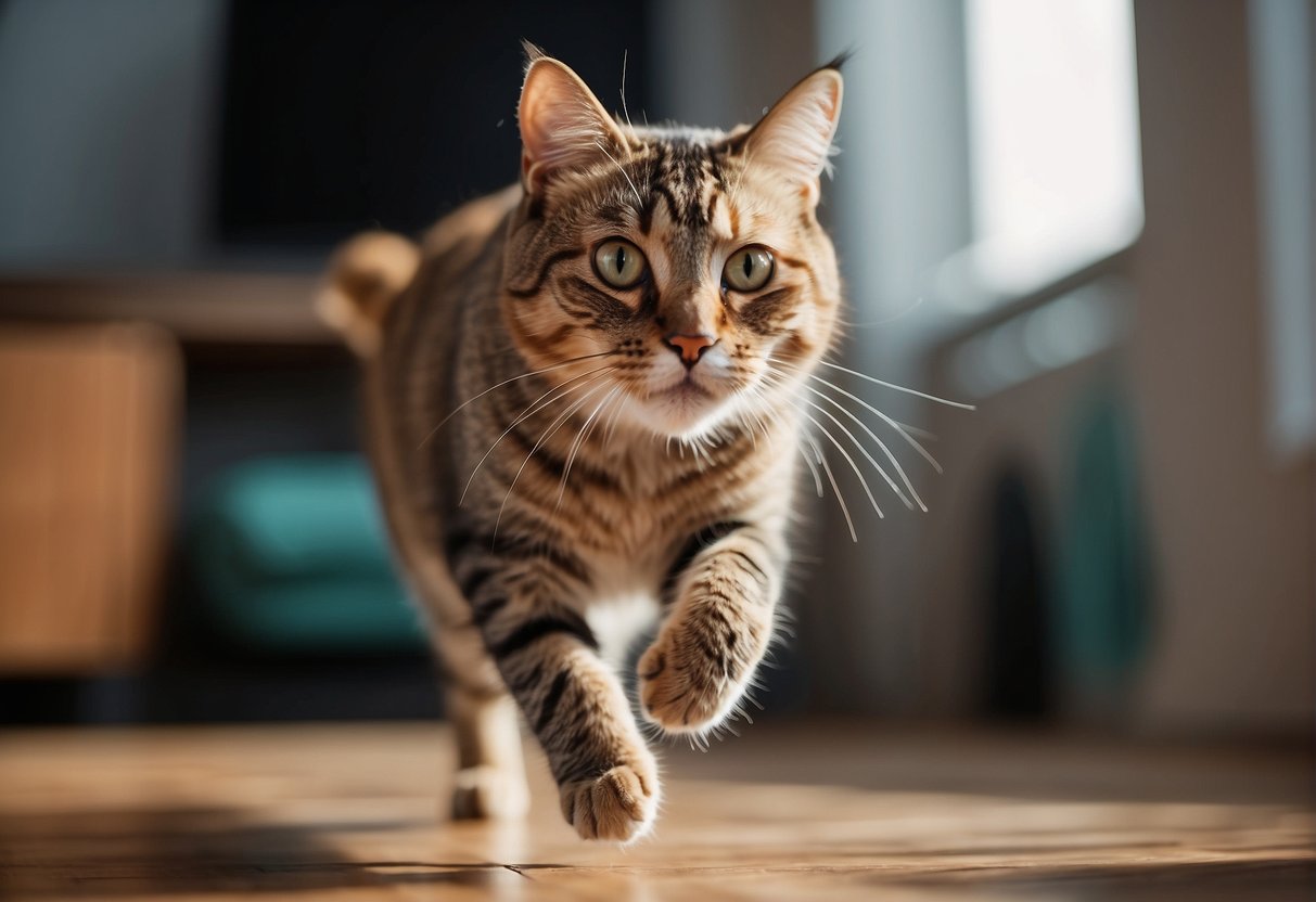 A cat is stretching and running around a living room, chasing a toy or jumping onto furniture