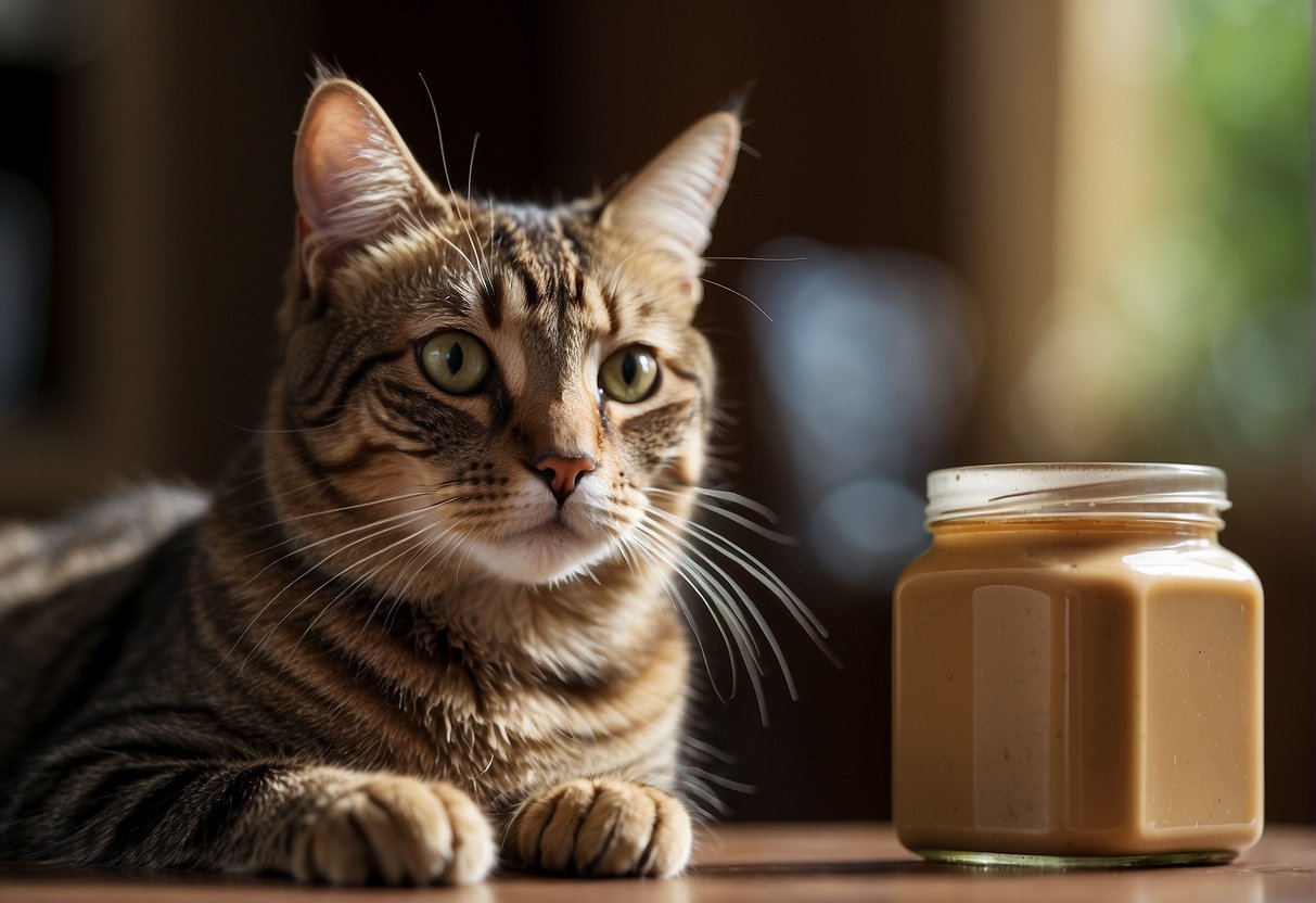 A cat sitting next to a jar of peanut butter, with a concerned expression on its face. A thought bubble above its head contains question marks and images of potential health impacts