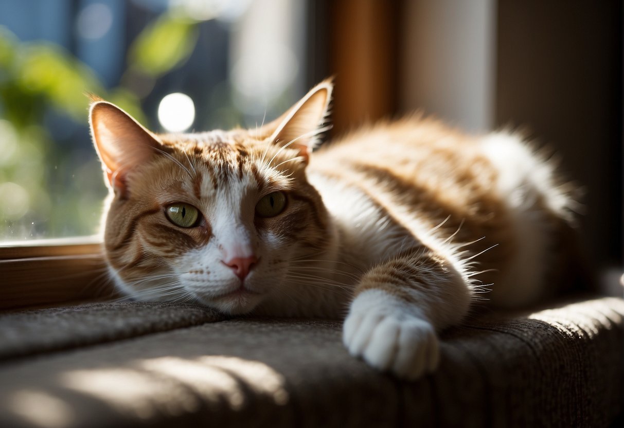 A cat lounges on a windowsill, basking in the warm sunlight streaming through the glass. Its eyes are closed, and it stretches out contentedly, enjoying the soothing heat on its fur
