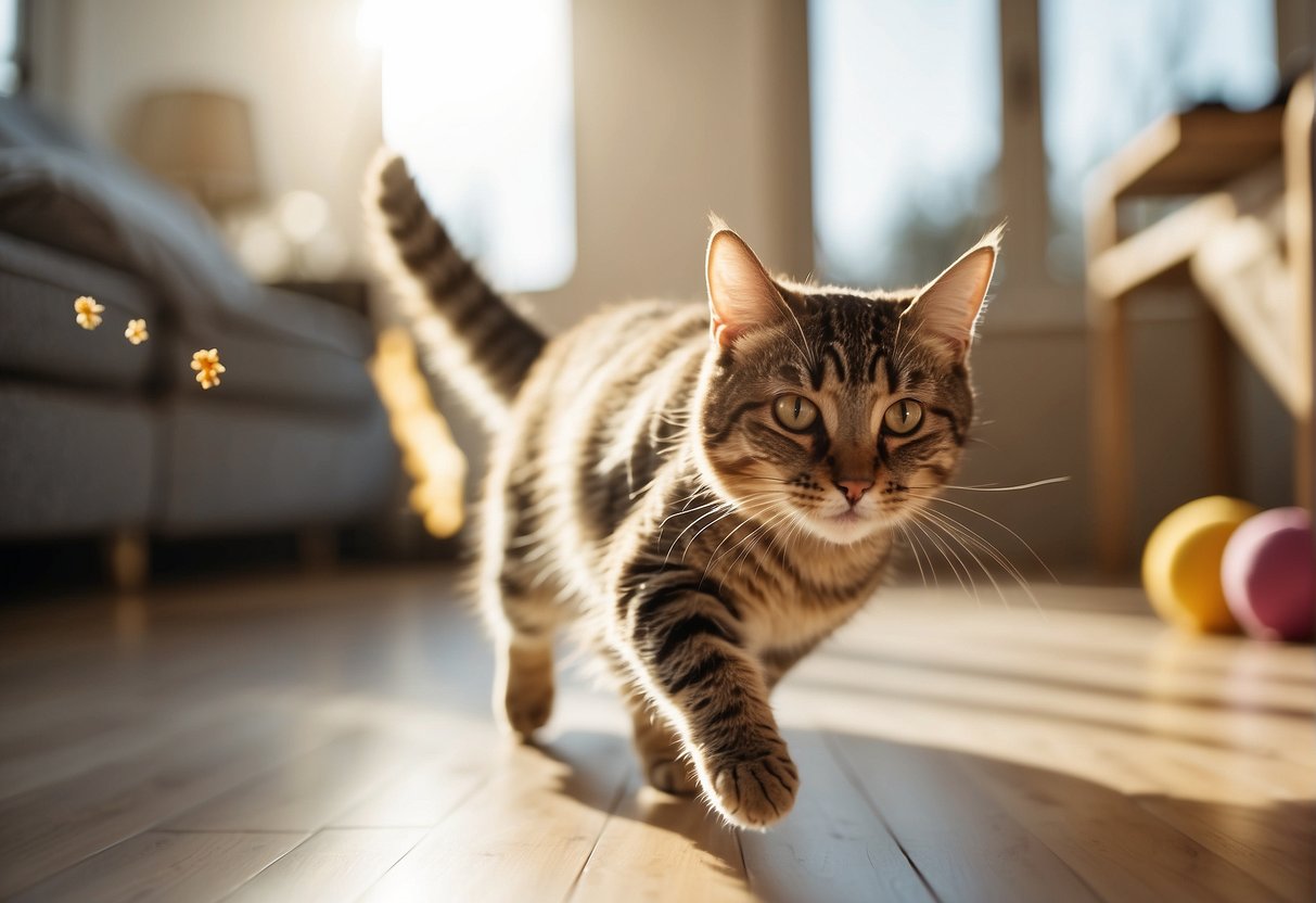 A cat running and jumping in a spacious, sunny room with cat toys scattered around