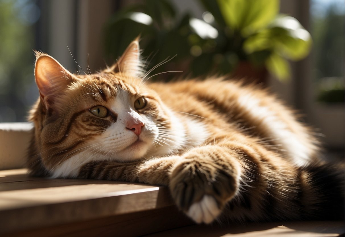 A cat lounges on a sun-drenched windowsill, eyes closed, basking in the warm rays. Its body is relaxed, tail curled, and fur glistening in the sunlight