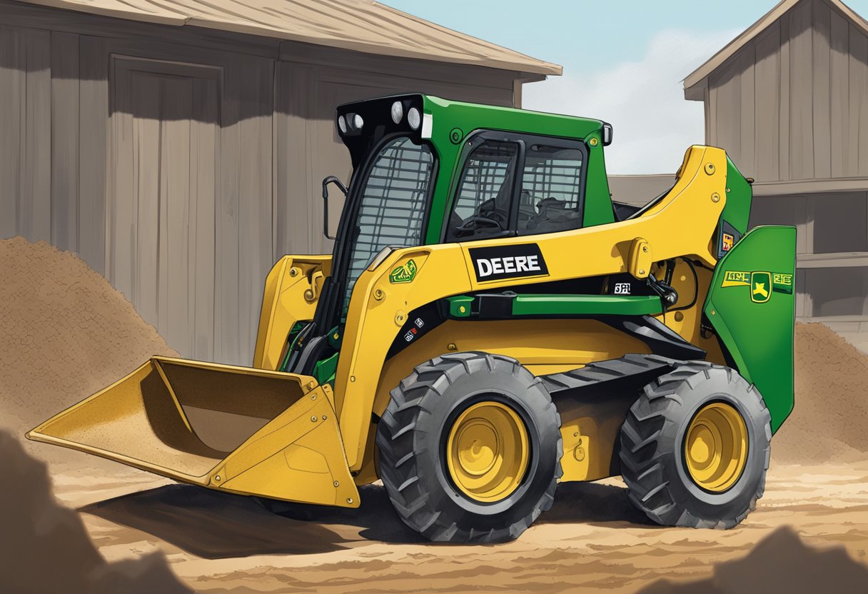 A John Deere skid steer sits in a dirt yard, with the serial number plate clearly visible on the side of the machine