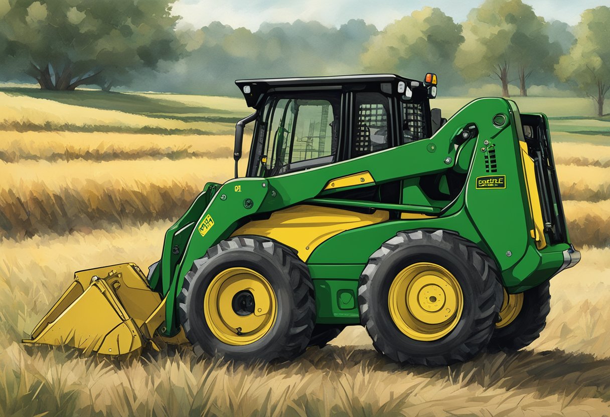 A John Deere skid steer parked in a field, with the serial number prominently displayed on the side of the machine