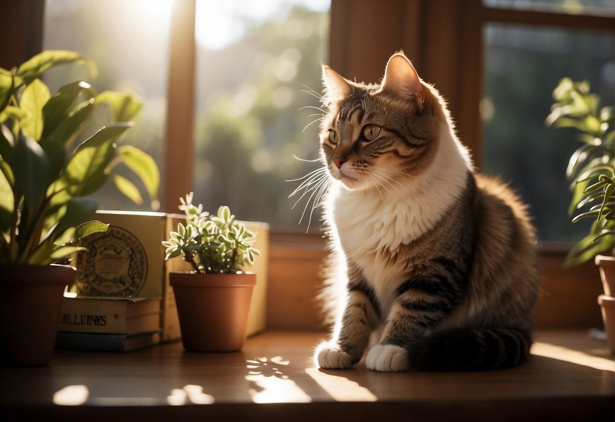 A cat sits on a square patch of sunlight streaming through a window, surrounded by various objects like books, a vase, and a plant