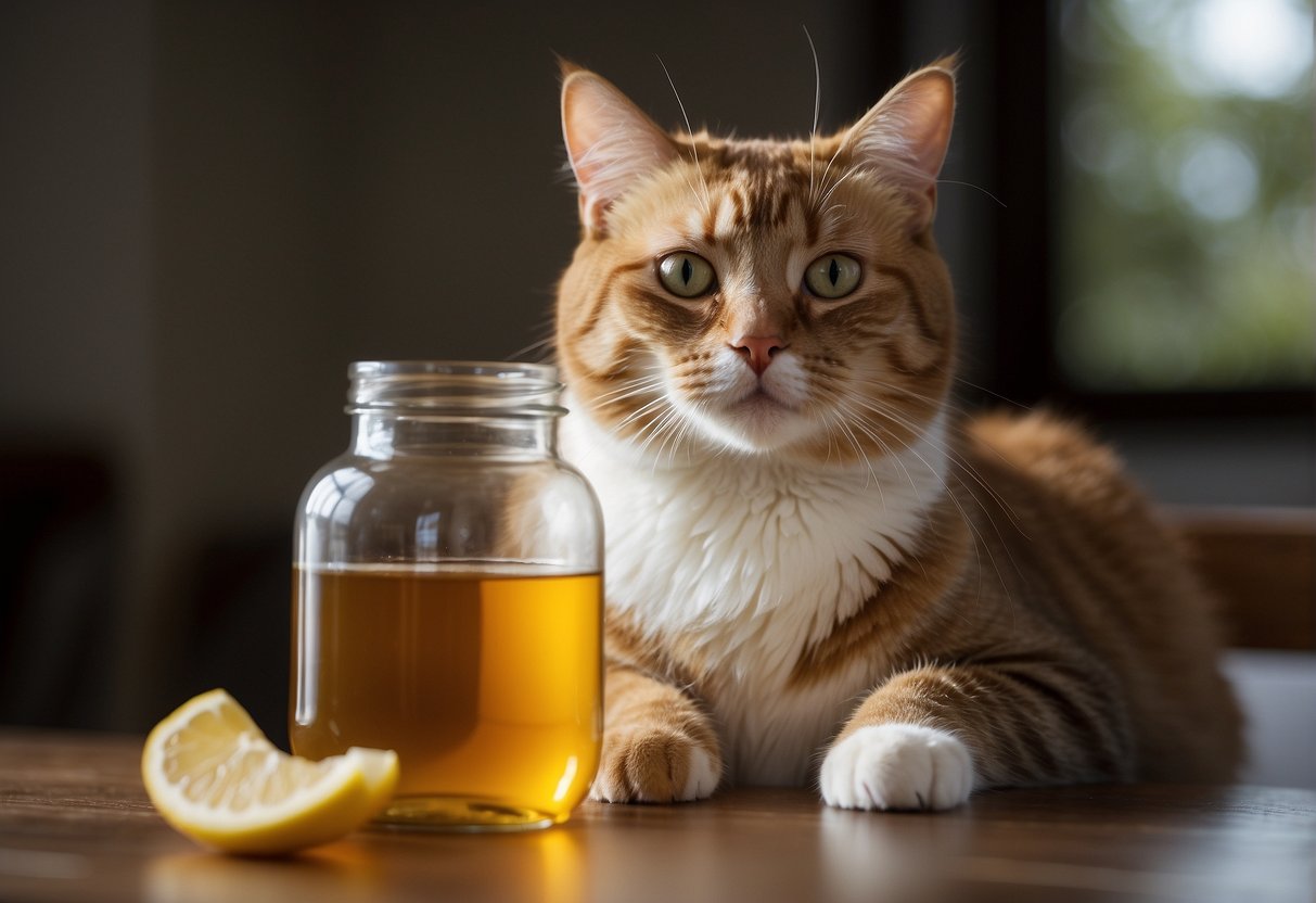A cat sits near a jar of honey, looking curious. A vet holds a pamphlet titled "Health Benefits and Risks of Honey for Cats."