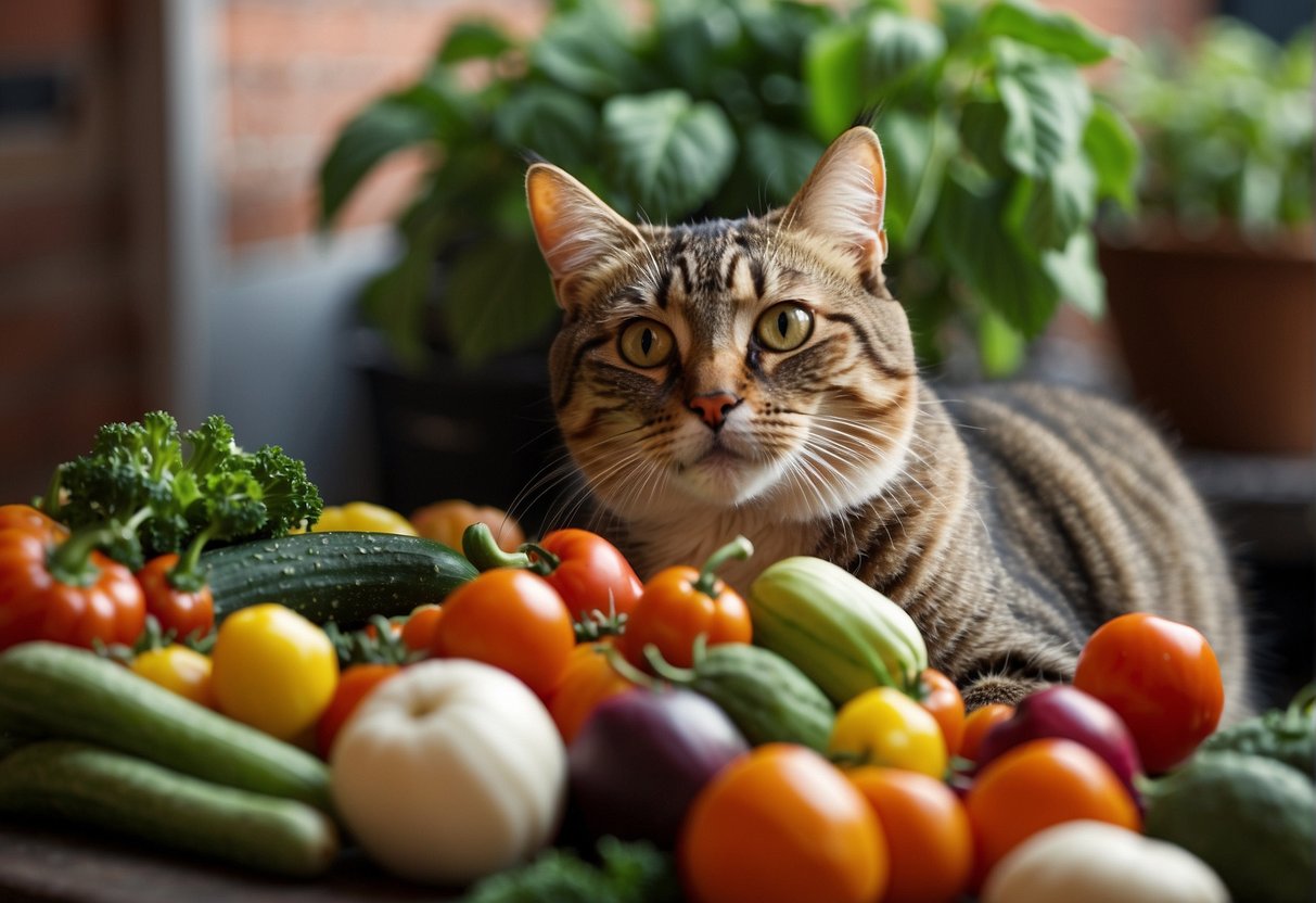 A cat eagerly sniffs a pile of colorful vegetables, eyeing them with curiosity and hunger